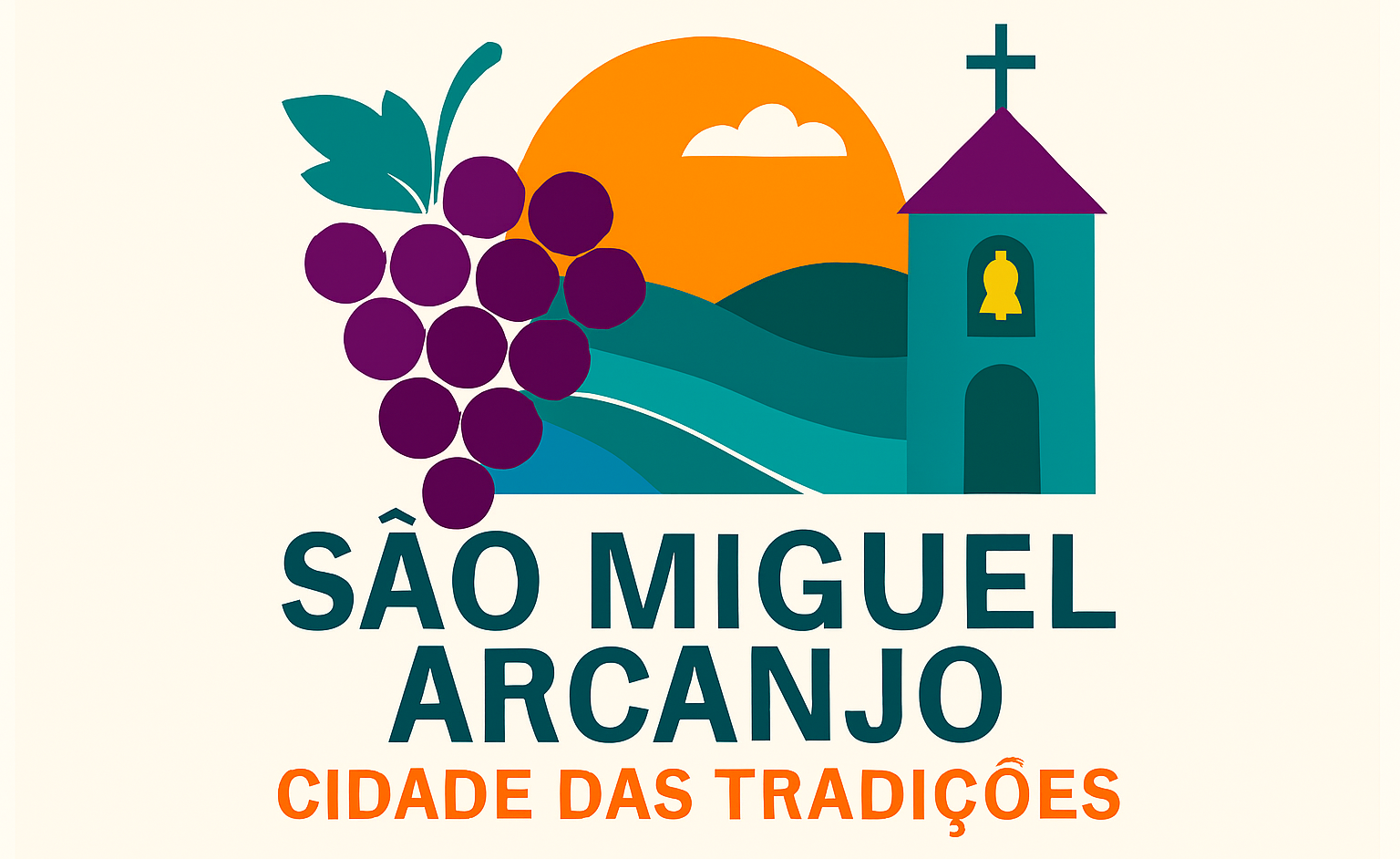 Ilustração promocional da cidade com ícones culturais e paisagem estilizada.